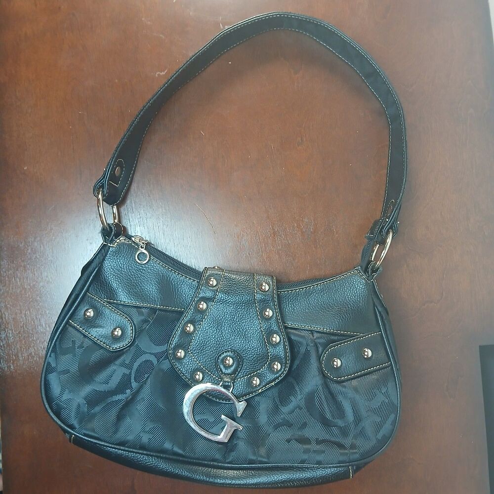 Vintage Guess Black G-Monogram Studded Shoulder Bag Y2K McBling Hobo